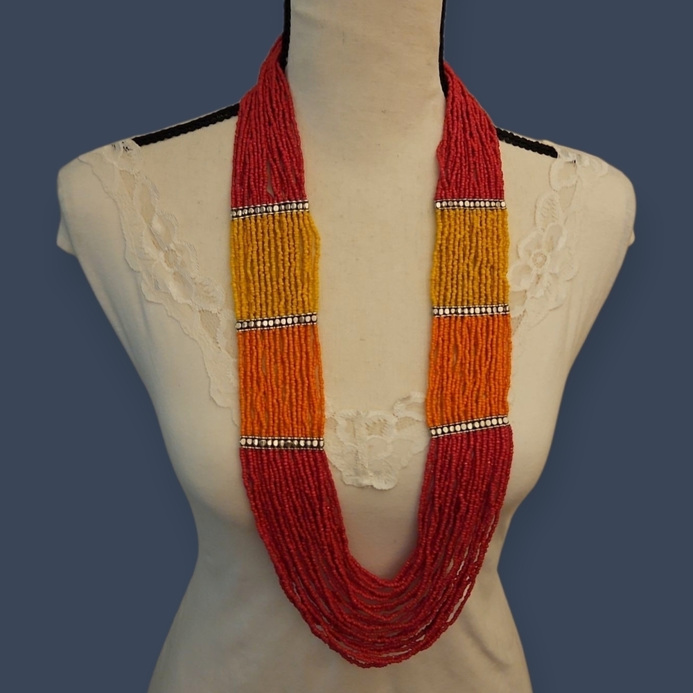 Vintage Hot Pink Orange Yellow Colorblock Multi-strand Beaded Ethnic Necklace